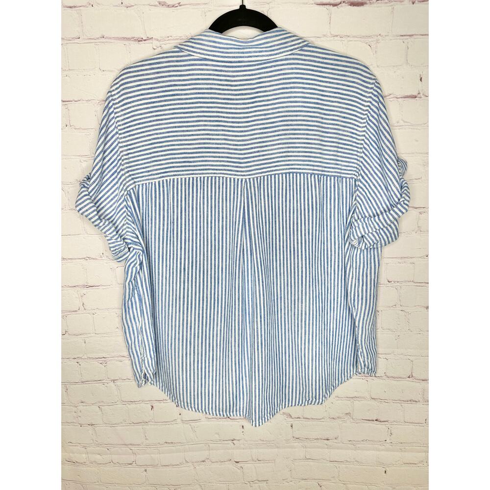 Linen Blend Old Navy Blue White Striped Short Sleeve Shirt Womens XL Coastal - Picture 5 of 5
